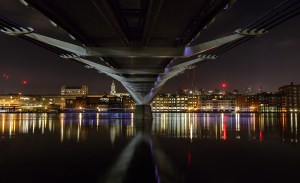 Millennium Bridge, long exposure, night time. London, coloured lights, bridge, Debbie Lias, photography
